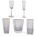 Hexagonal drinking glasses cup set with gold rim